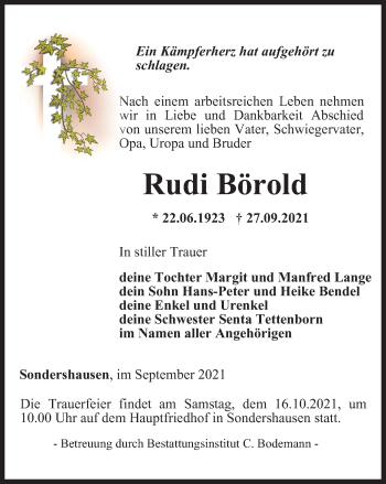 Traueranzeige von Rudi Börold