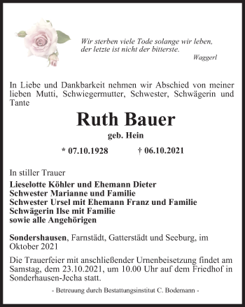 Traueranzeige von Ruth Bauer