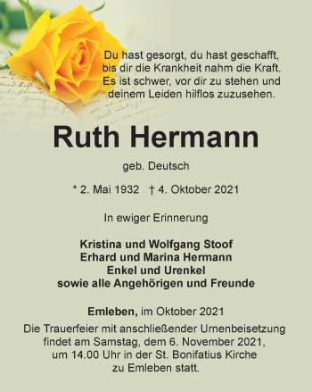 Traueranzeige von Ruth Hermann von Thüringer Allgemeine, Thüringische Landeszeitung