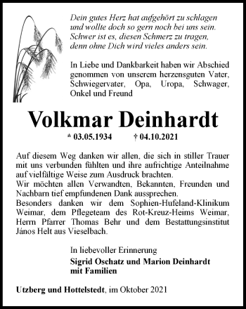 Traueranzeige von Volkmar Deinhardt von Thüringer Allgemeine, Thüringische Landeszeitung