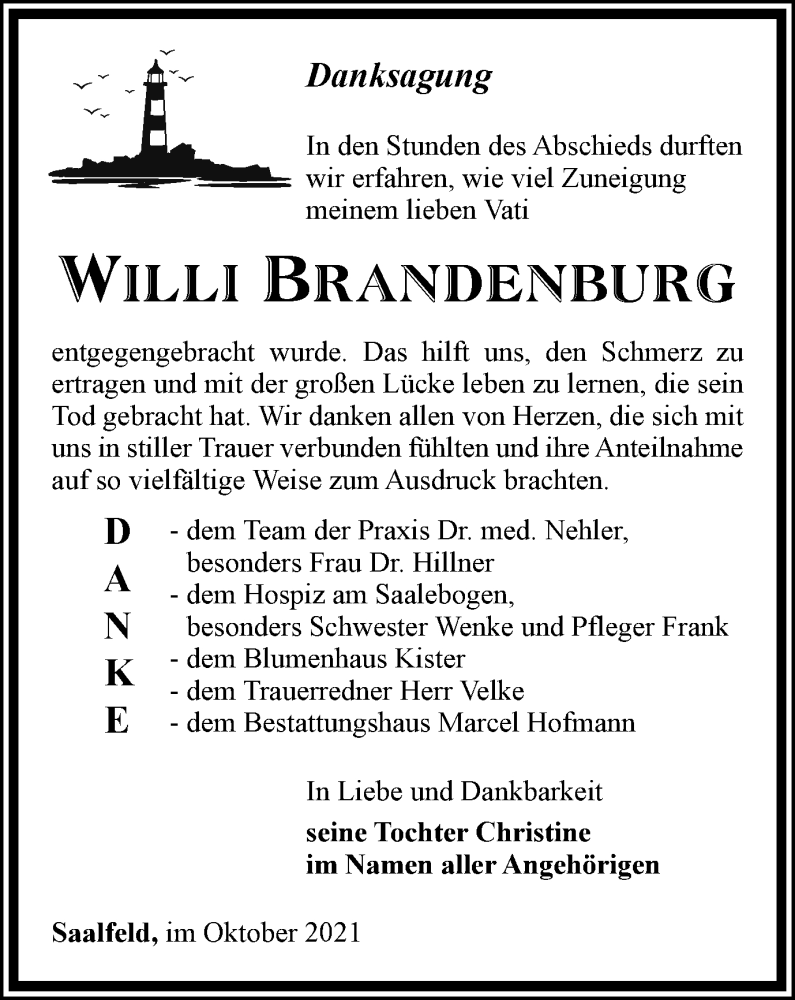  Traueranzeige für Willi Brandenburg vom 09.10.2021 aus Ostthüringer Zeitung