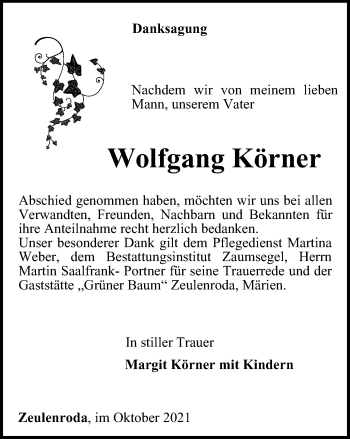 Traueranzeige von Wolfgang Körner von Ostthüringer Zeitung