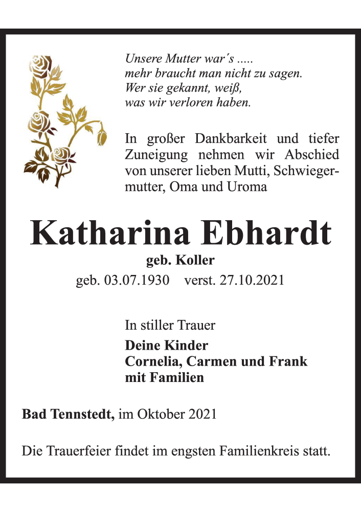  Traueranzeige für Katharina Ebhardt vom 05.11.2021 aus Thüringer Allgemeine, Thüringische Landeszeitung