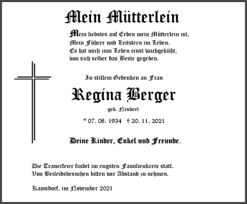 Traueranzeige von Regina Berger von Ostthüringer Zeitung