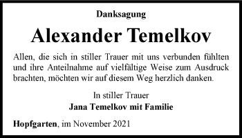 Traueranzeige von Alexander Temelkov von Thüringer Allgemeine, Thüringische Landeszeitung