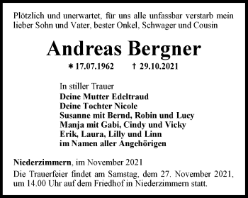 Traueranzeige von Andreas Bergner von Thüringer Allgemeine, Thüringische Landeszeitung