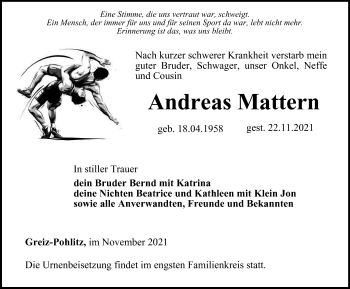 Traueranzeige von Andreas Mattern von Ostthüringer Zeitung
