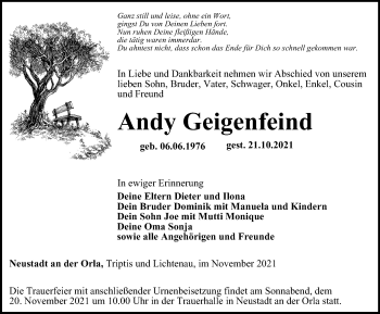 Traueranzeige von Andy Geigenfeind