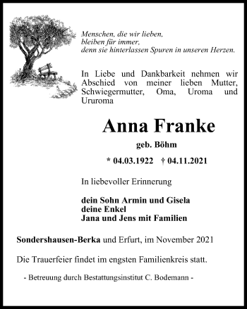 Traueranzeige von Anna Franke