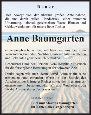 Traueranzeige von Anne Baumgarten von Thüringer Allgemeine, Thüringische Landeszeitung