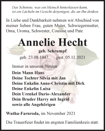 Traueranzeige von Annelie Hecht von Thüringer Allgemeine, Thüringische Landeszeitung