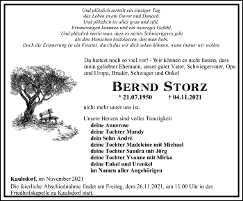 Traueranzeige von Bernd Storz von Ostthüringer Zeitung