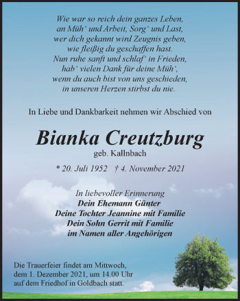 Traueranzeige von Bianka Creutzburg