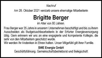 Traueranzeige von Brigitte Berger von Thüringer Allgemeine, Thüringische Landeszeitung