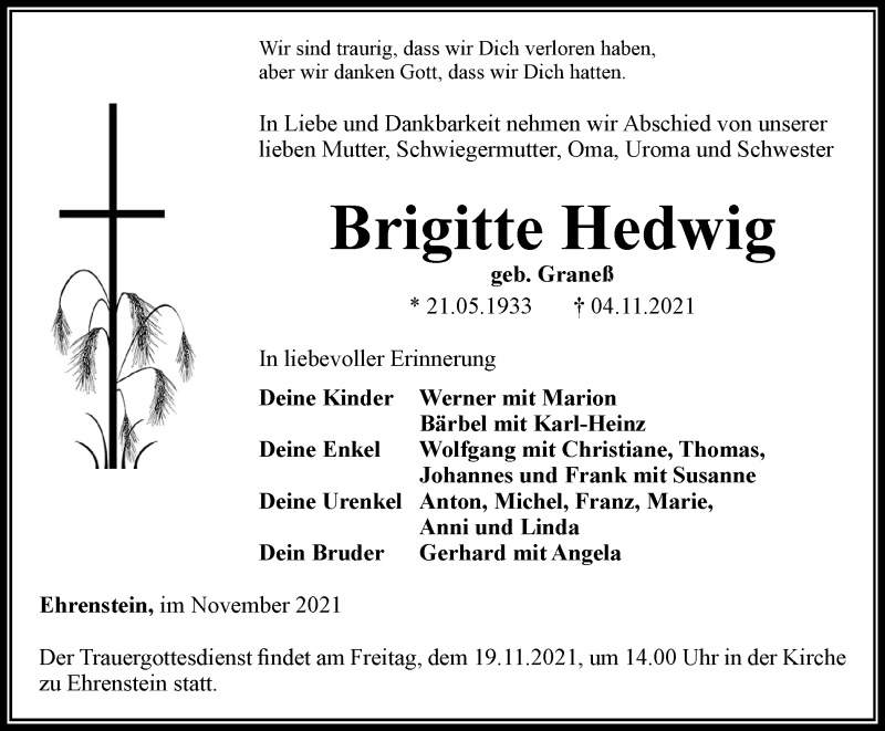  Traueranzeige für Brigitte Hedwig vom 13.11.2021 aus Thüringer Allgemeine