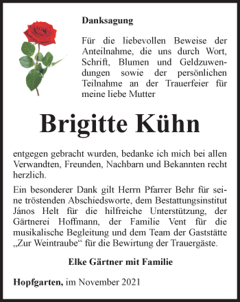 Traueranzeige von Brigitte Kühn von Thüringer Allgemeine, Thüringische Landeszeitung