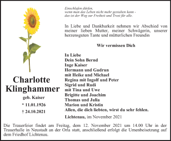 Traueranzeige von Charlotte Klinghammer