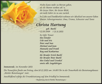 Traueranzeige von Christa Hartung von Thüringer Allgemeine