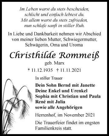 Traueranzeige von Christhilde Rommeiß von Thüringer Allgemeine, Thüringische Landeszeitung