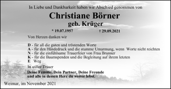 Traueranzeige von Christiane Börner von Thüringer Allgemeine, Thüringische Landeszeitung