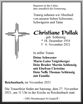 Traueranzeige von Christiane Pollak von Ostthüringer Zeitung