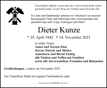 Traueranzeige von Dieter Kunze von Thüringer Allgemeine