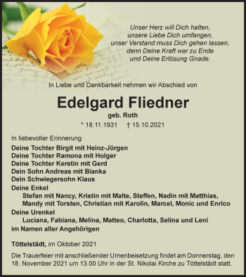 Traueranzeige von Edelgard Fliedner von Thüringer Allgemeine, Thüringische Landeszeitung