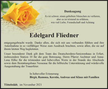 Traueranzeige von Edelgard Fliedner von Thüringer Allgemeine, Thüringische Landeszeitung