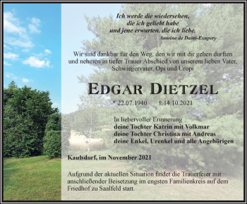 Traueranzeige von Edgar Dietzel von Ostthüringer Zeitung