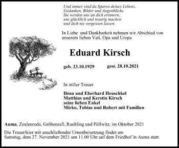 Traueranzeige von Eduard Kirsch von Ostthüringer Zeitung