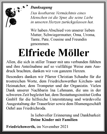 Traueranzeige von Elfriede Möller von Thüringer Allgemeine, Thüringische Landeszeitung