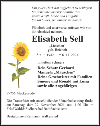 Traueranzeige von Elisabeth Sell von Thüringer Allgemeine