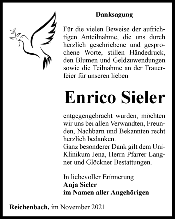 Traueranzeige von Enrico Sieler von Ostthüringer Zeitung