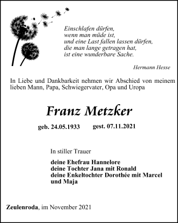 Traueranzeige von Franz Metzker von Ostthüringer Zeitung