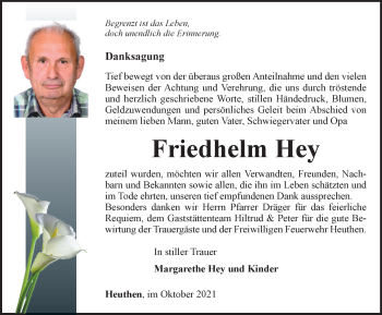 Traueranzeige von Friedhelm Hey von Thüringer Allgemeine