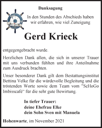 Traueranzeige von Gerd Krieck von Ostthüringer Zeitung