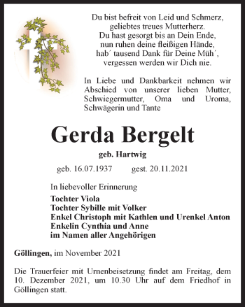 Traueranzeige von Gerda Bergelt von Thüringer Allgemeine