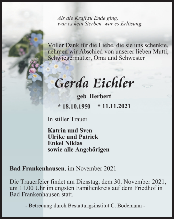 Traueranzeige von Gerda Eichler