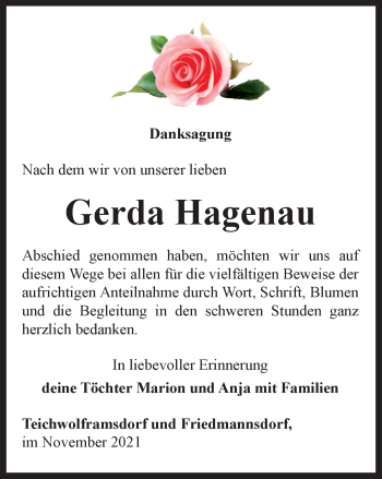 Traueranzeige von Gerda Hagenau von Ostthüringer Zeitung