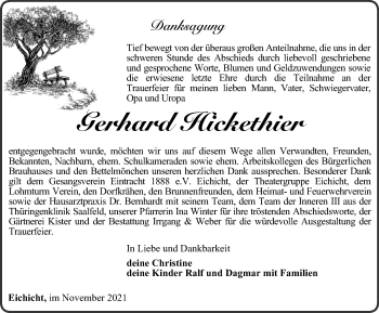 Traueranzeige von Gerhard Hickethier von Ostthüringer Zeitung