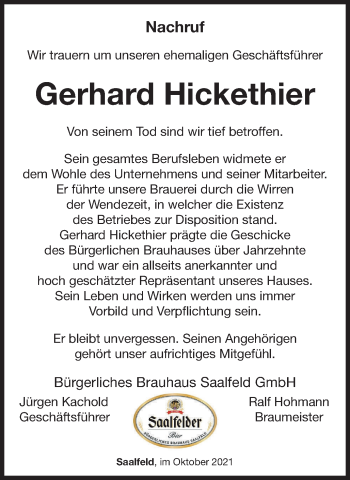 Traueranzeige von Gerhard Hickethier von Ostthüringer Zeitung