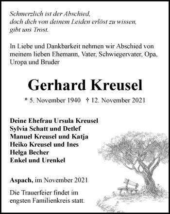 Traueranzeige von Gerhard Kreusel