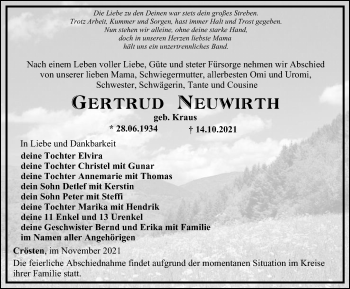 Traueranzeige von Gertrud Neuwirth von Ostthüringer Zeitung