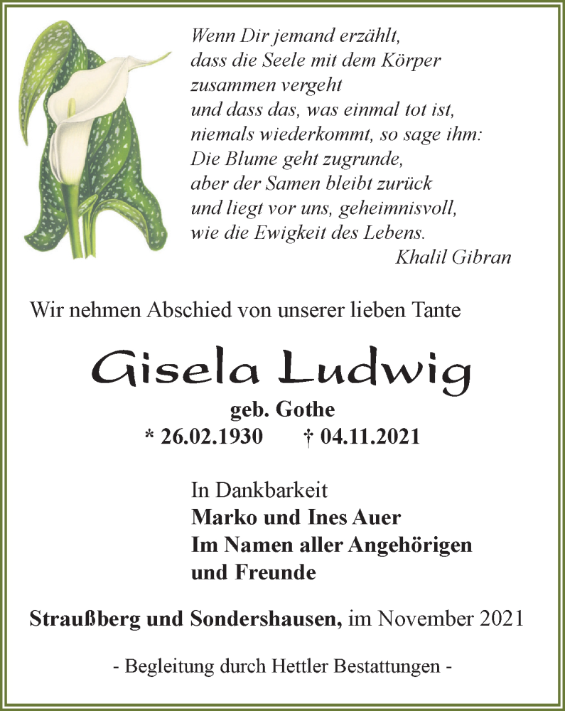 Traueranzeigen Von Gisela Ludwig Trauer In Thueringen De