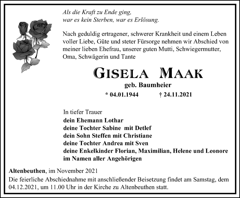  Traueranzeige für Gisela Maak vom 27.11.2021 aus Ostthüringer Zeitung