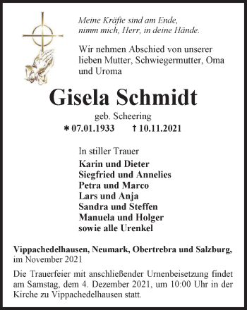 Traueranzeige von Gisela Schmidt von Thüringer Allgemeine, Thüringische Landeszeitung