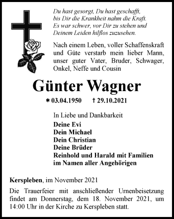 Traueranzeige von Günter Wagner von Thüringer Allgemeine, Thüringische Landeszeitung