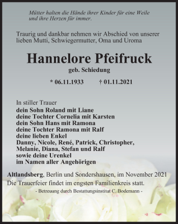 Traueranzeige von Hannelore Pfeifruck