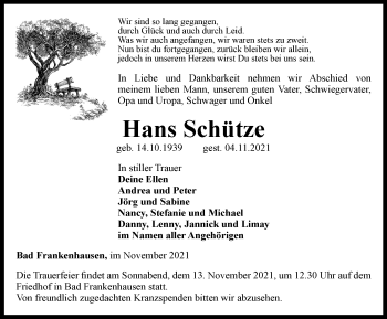 Traueranzeige von Hans Schütze von Thüringer Allgemeine