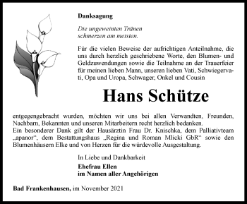 Traueranzeige von Hans Schütze von Thüringer Allgemeine